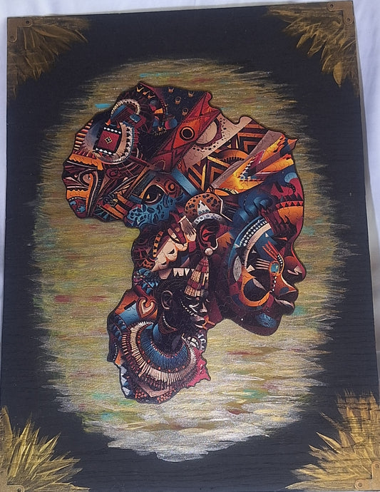 Wall Art Mother Africa made with a wooden puzzle and repurposed wood that has been cleaned, cut and stained then painted for the focul point