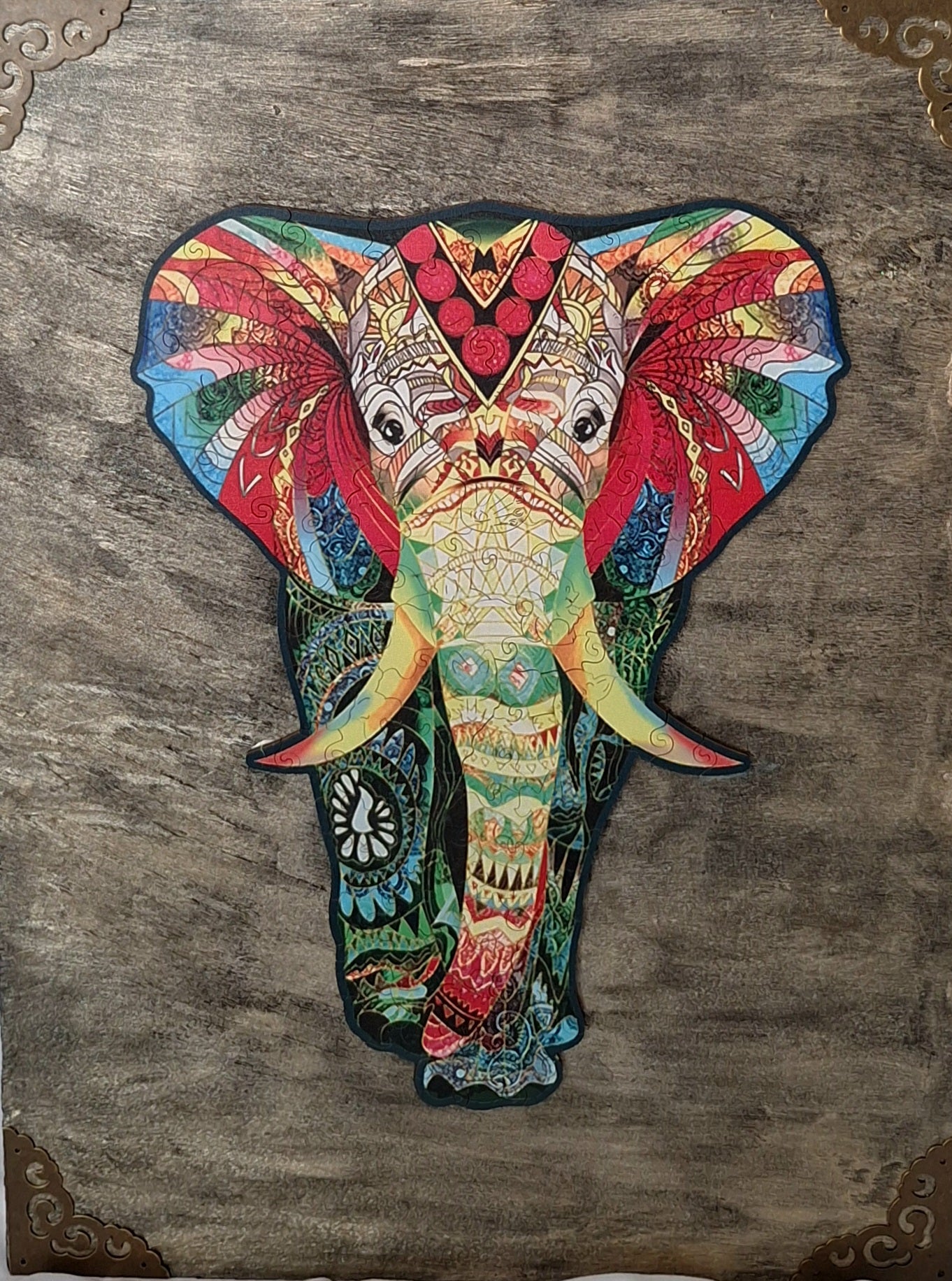 African Wall art, Parade Elephant, wooden puzzle mounted on repurposed wood.