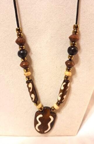 African Art Necklace, Buffalo Bone beads hand carved and painted Two for the price of one