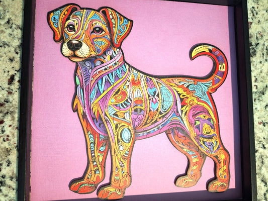 Wall Art Vibrant Jack Russell Terrier Framed Wooden Puzzle of 12 x 12 with glass BOLD