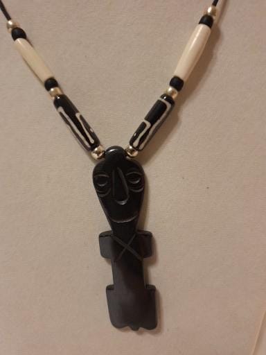 Large Pendant Necklace, Buffalo Bone beads hand carved and painted