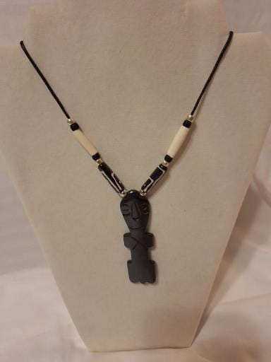 Large Pendant Necklace, Buffalo Bone beads hand carved and painted